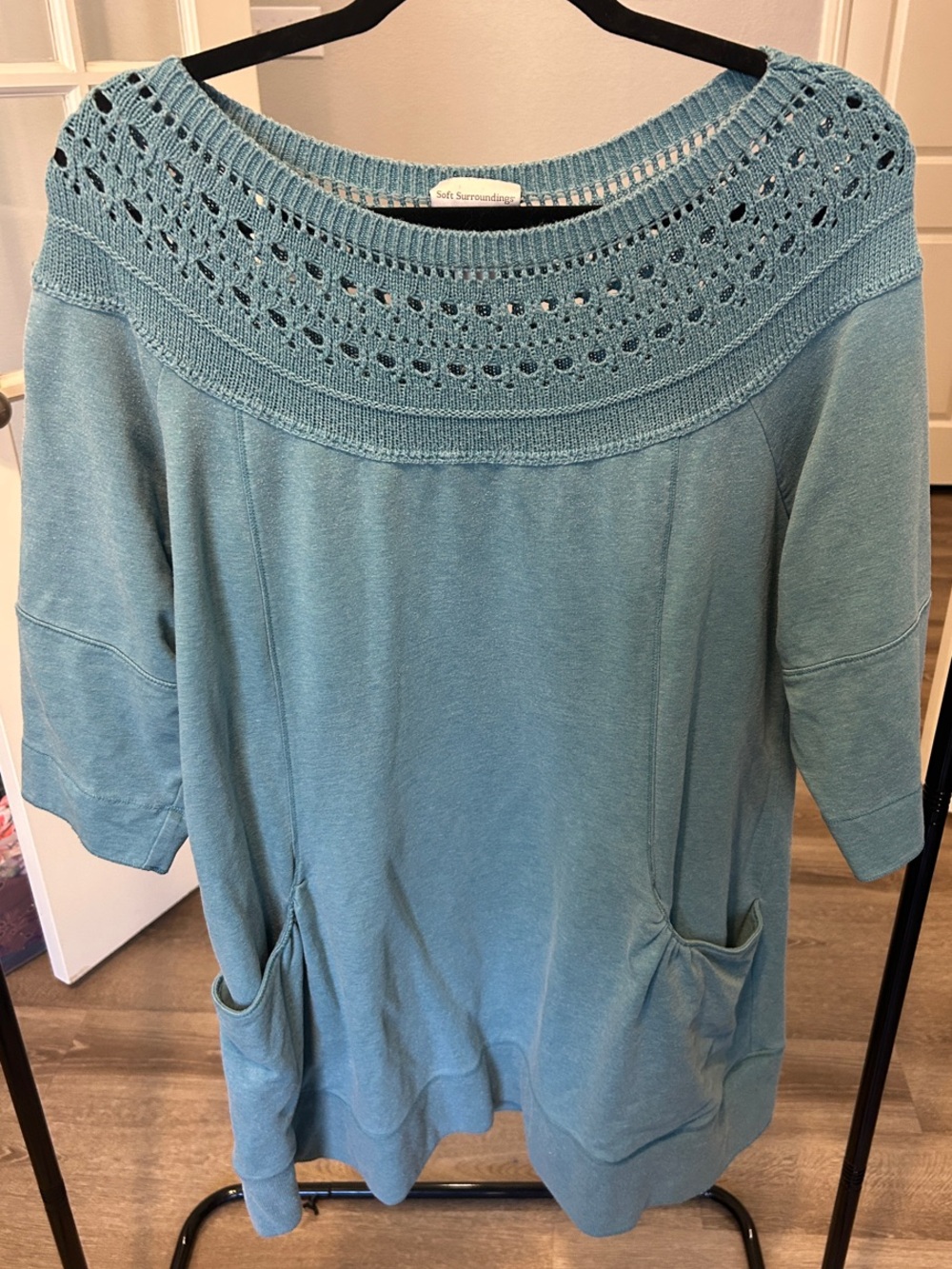 Soft Surroundings Teal Crochet-Yoke Pocket Tunic